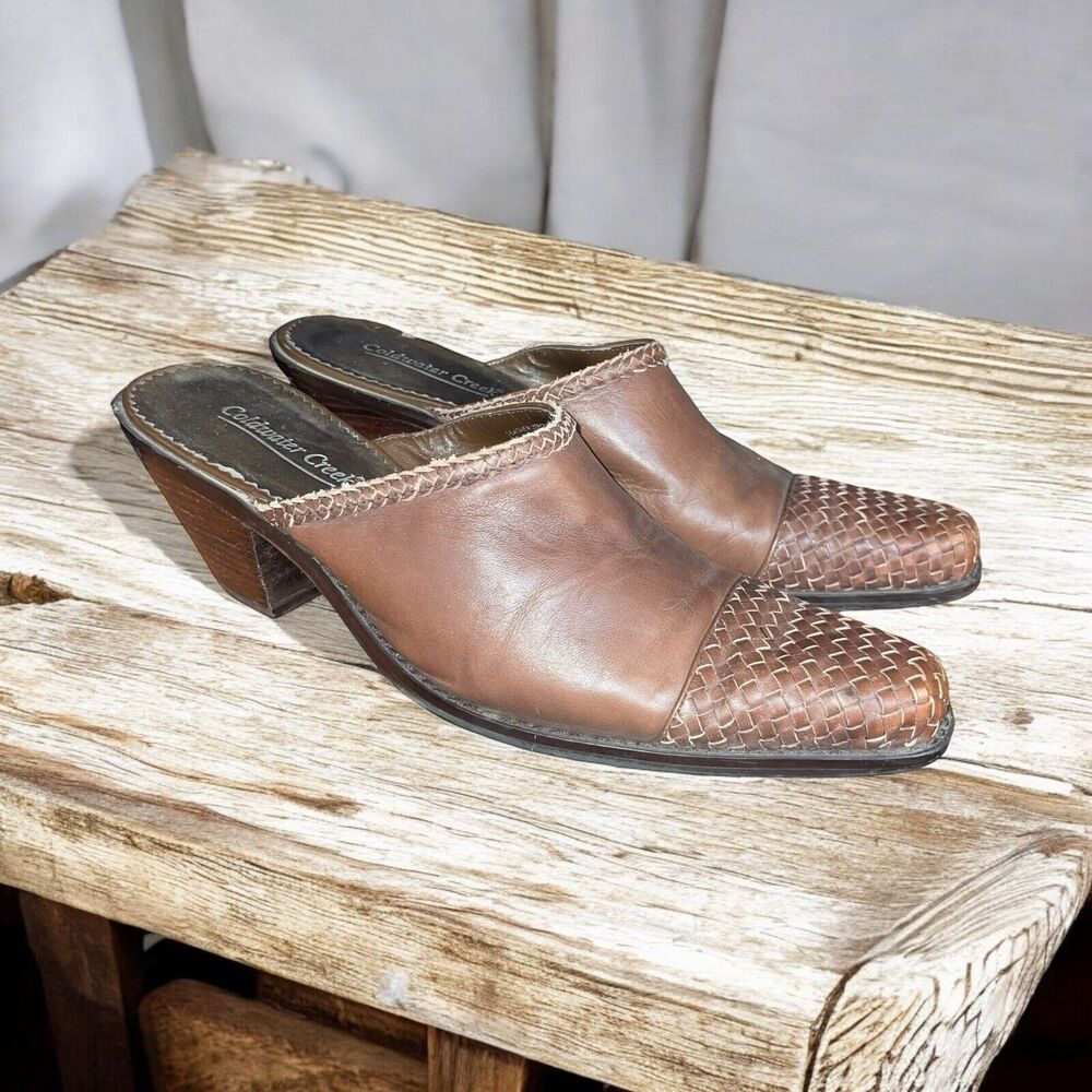 Coldwater Creek 10 Brown Leather Western Square Toe Mules Woven Detail - Picture 1 of 6